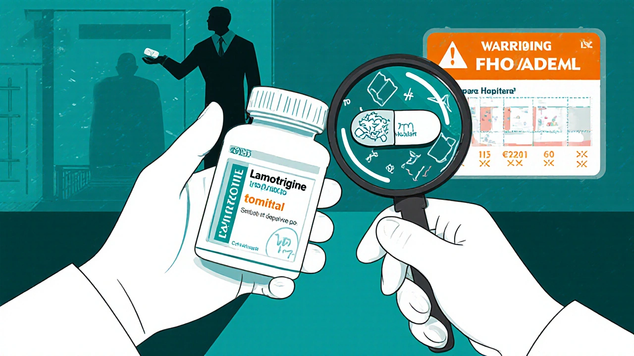 Magnified view of authentic vs counterfeit lamotrigine pills with hidden dangerous substances.