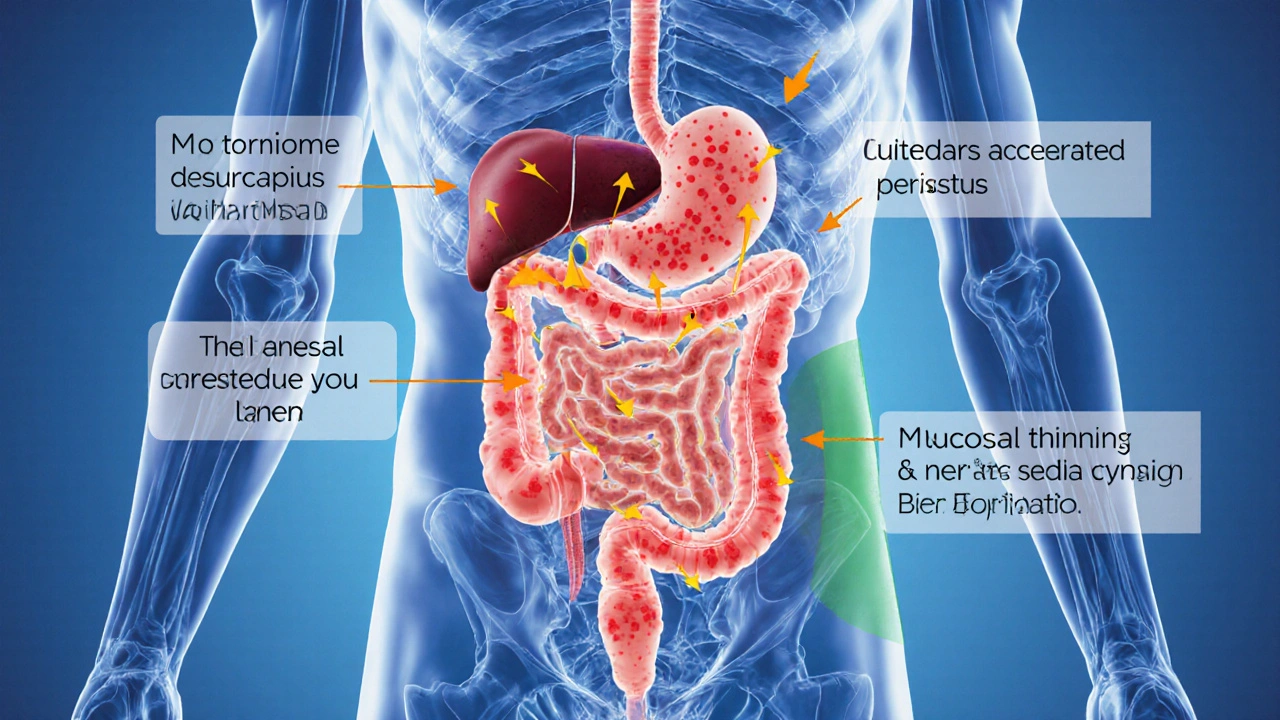 Anatomical illustration showing gut damage, fast peristalsis, and microbiome imbalance.