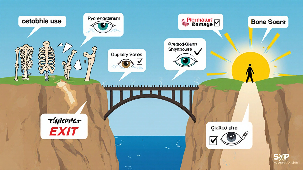Bridge of steroid use collapsing into permanent damage, with safe exit path showing monitoring and healthy habits.