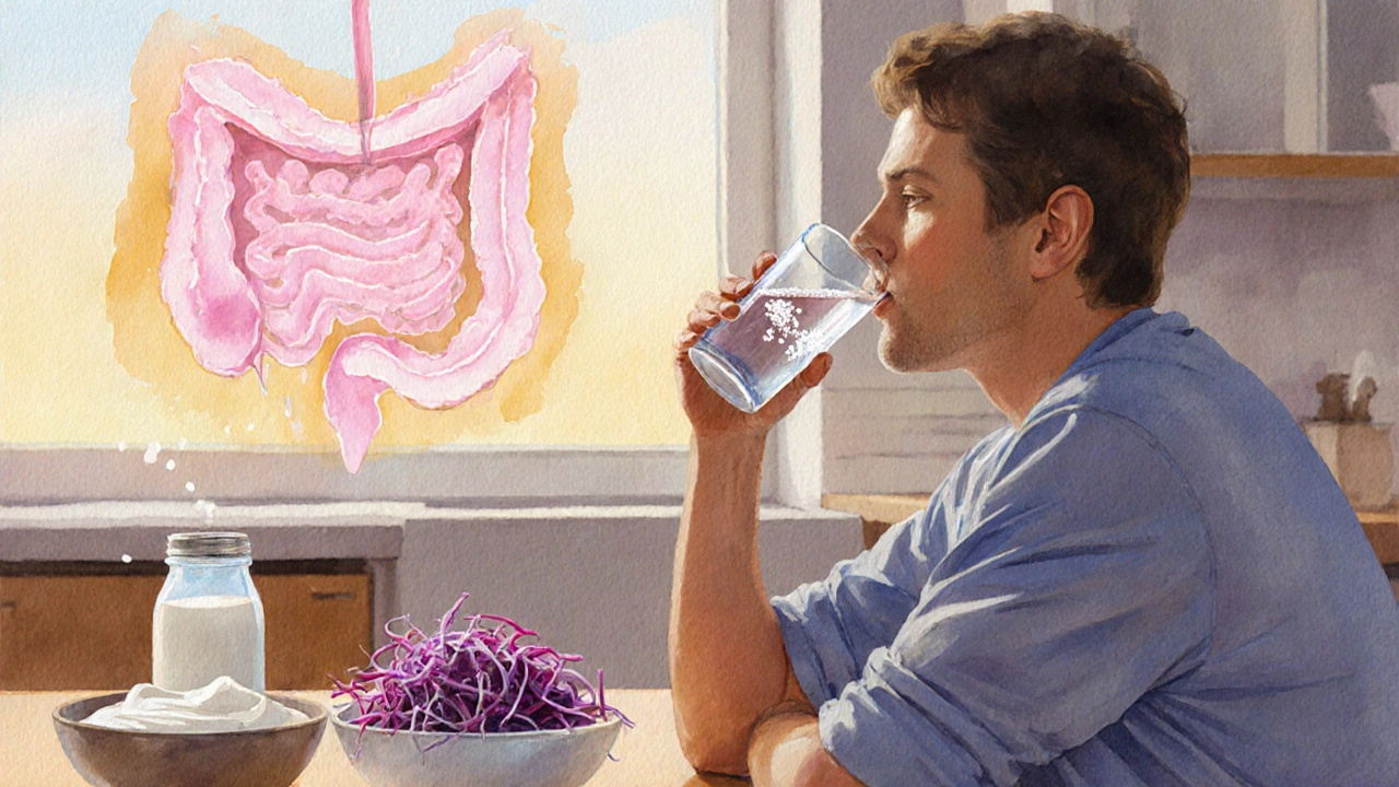 Calm kitchen scene with electrolyte drink, probiotic foods, and glowing gut silhouette.