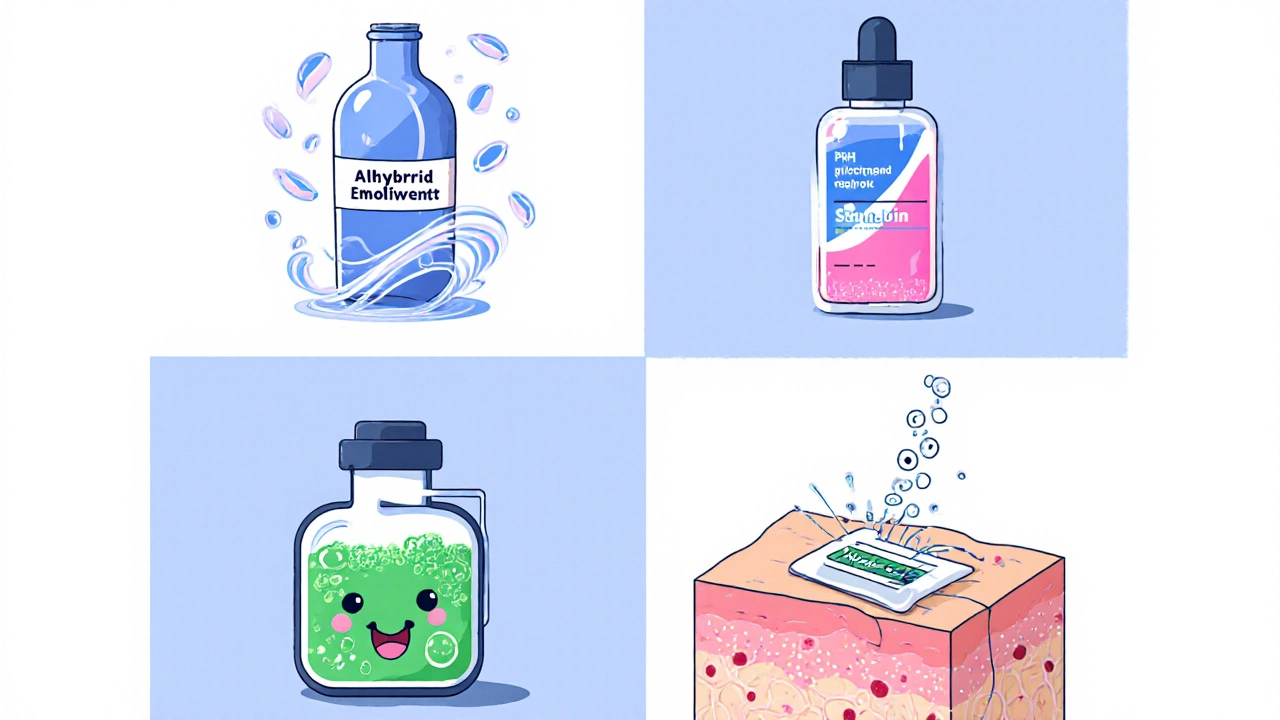 Cartoon illustration of four allantoin innovations: blended emollient, pH‑triggered serum, fermentation source, micro‑needle patch.