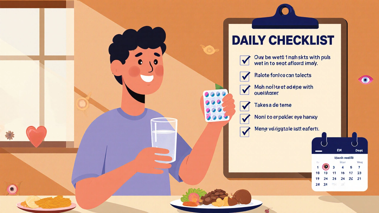 Cartoon of patient taking HCQ with water and food, checking a daily medication checklist.