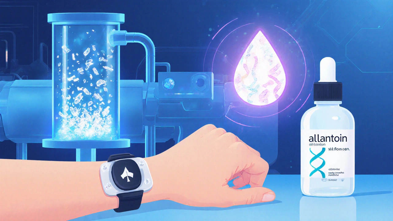 Cartoon scene showing future allantoin trends: diagnostic patch, peptide‑allantoin serum, sustainable fermentation bioreactor.