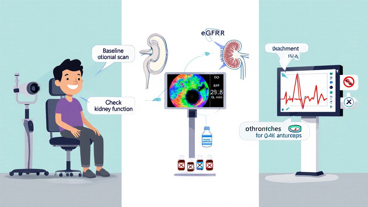 Cartoon showing eye exam, kidney eGFR check, ECG monitor, and crossed‑out drug interaction icons.
