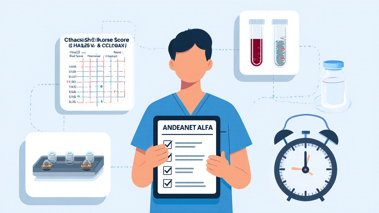 Clinician surrounded by icons for scores, labs, surgery, reversal agent, and timing.