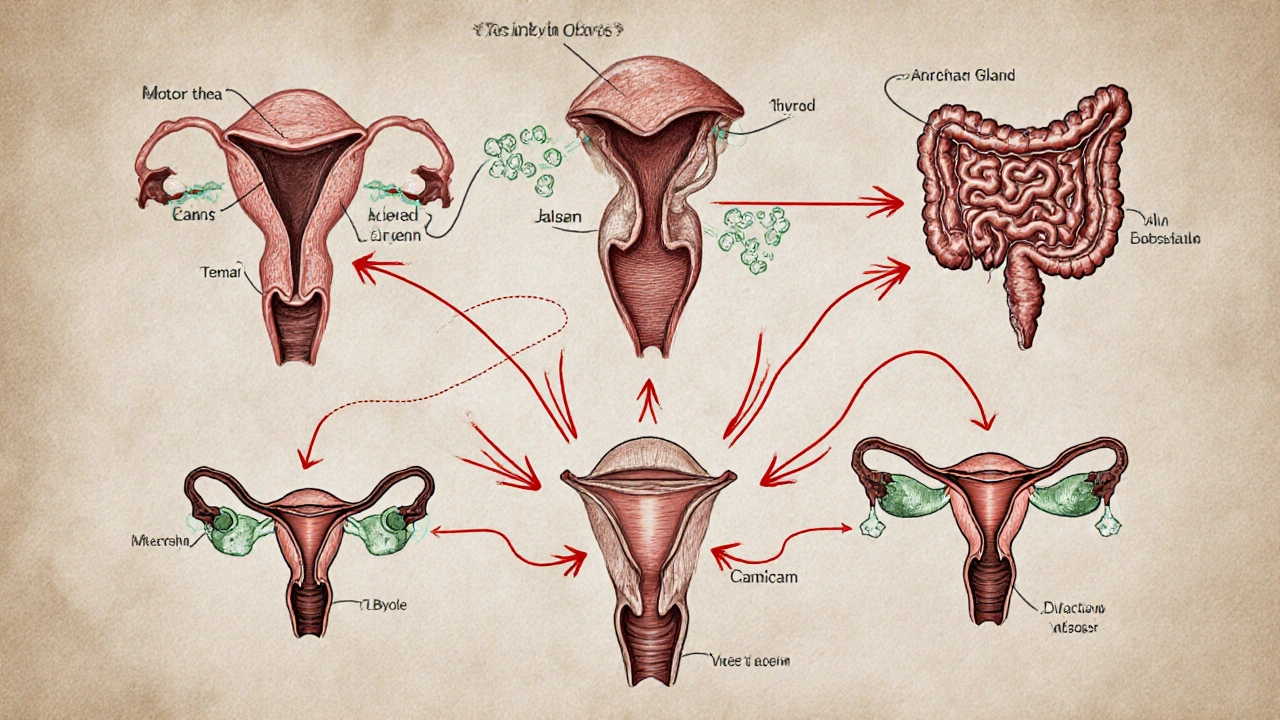 Collage of thyroid, pancreas, intestine, adrenal gland and ovaries linked by antibody shapes.