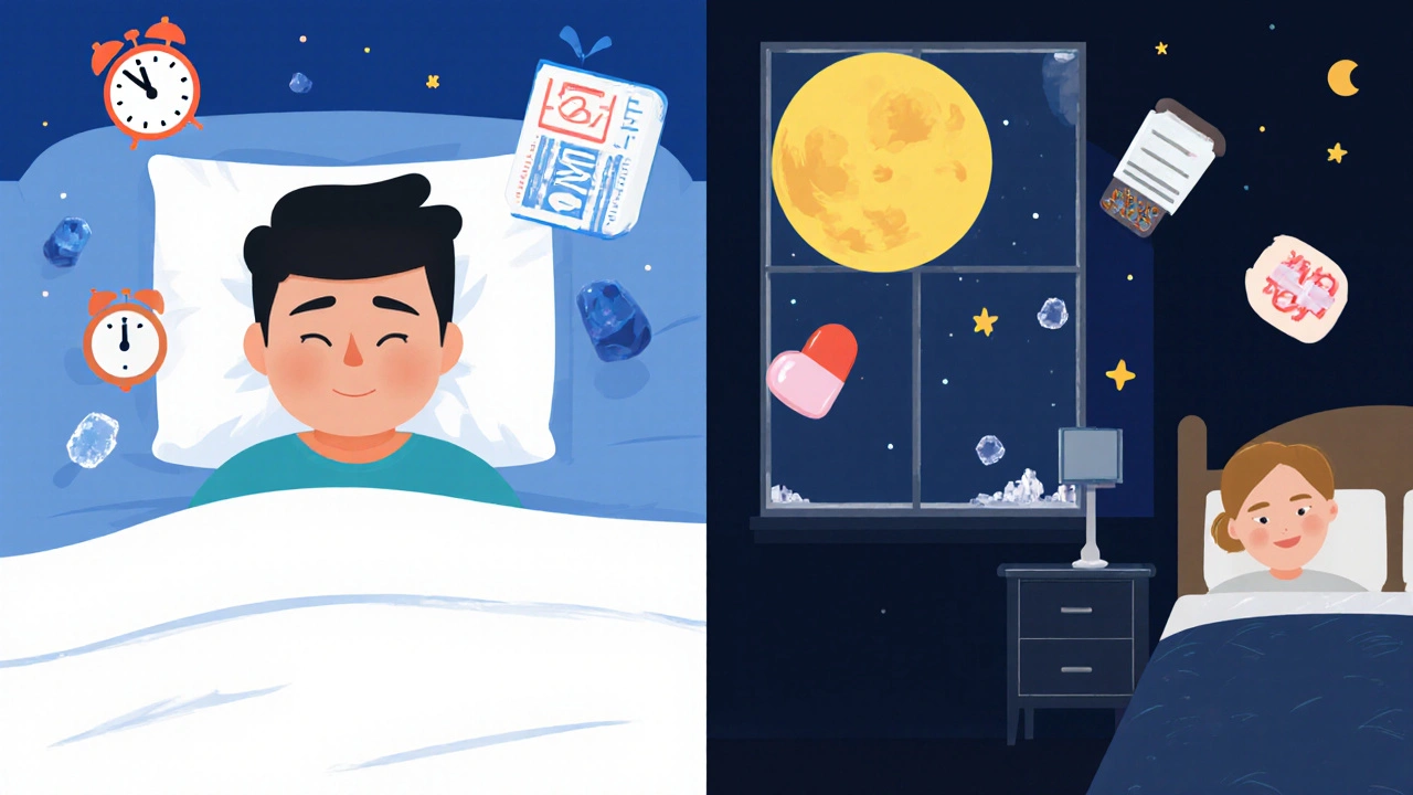 Contrasting daily life scenes: disrupted sleep with furosemide vs. peaceful rest with alternatives.