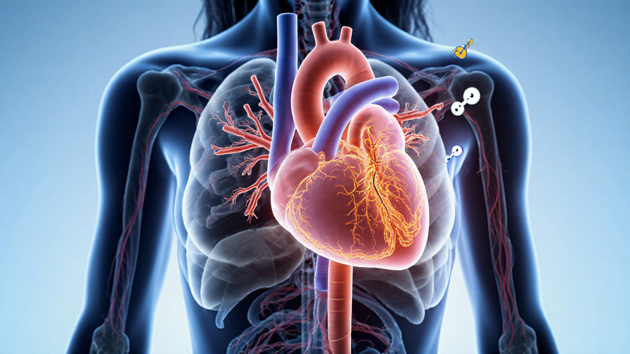 Detailed cartoon illustration of a woman's heart highlighting tiny microvascular vessels contrasted with clear larger arteries.