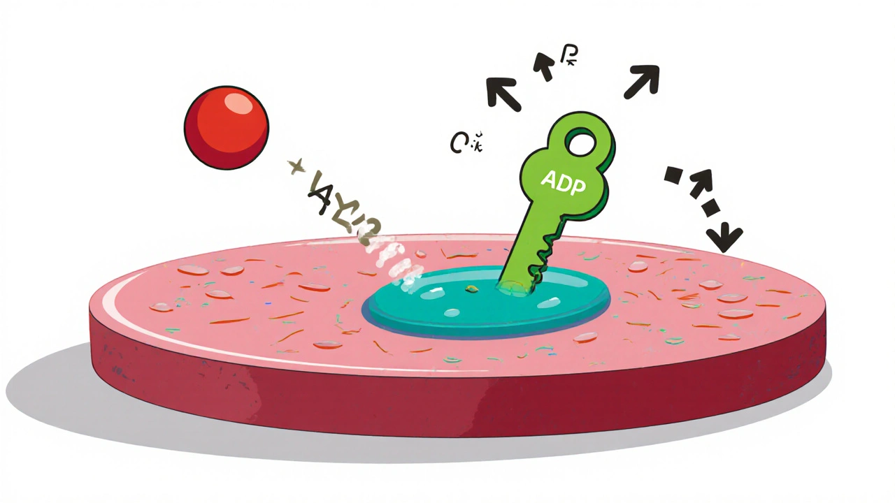 Diagram of platelet P2Y12 receptor blocked by ticlopidine metabolite, stopping ADP binding.