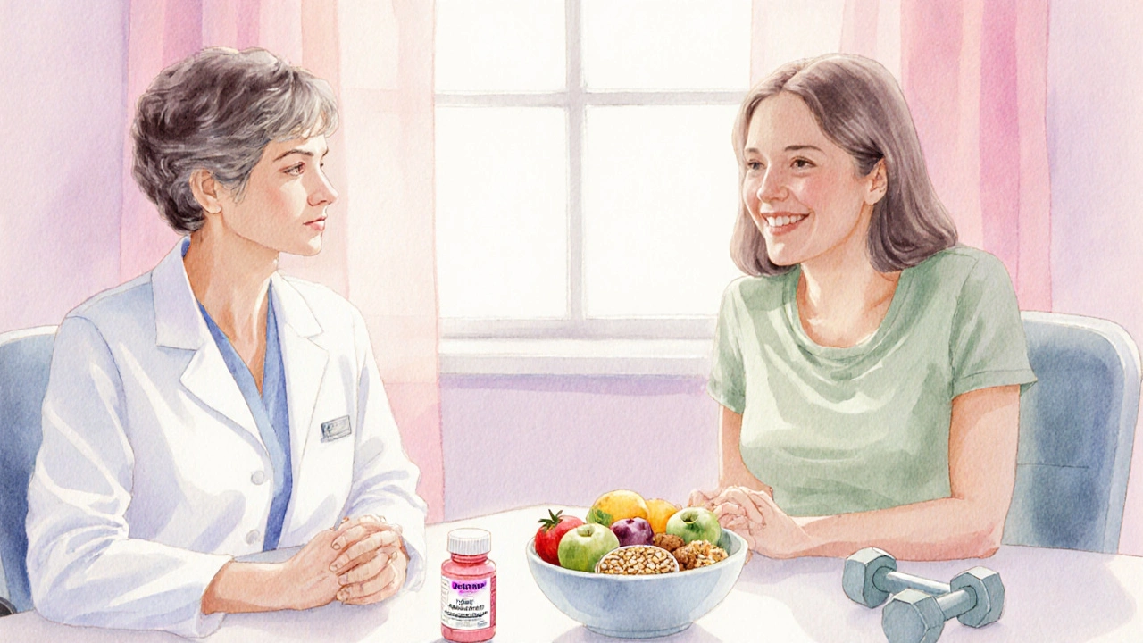 Doctor and patient discussing treatment, surrounded by pills, healthy food and exercise gear.