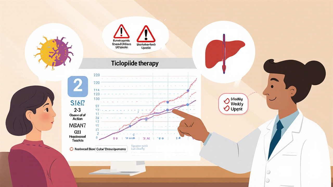 Doctor and patient reviewing ticlopidine treatment timeline and side‑effect icons.