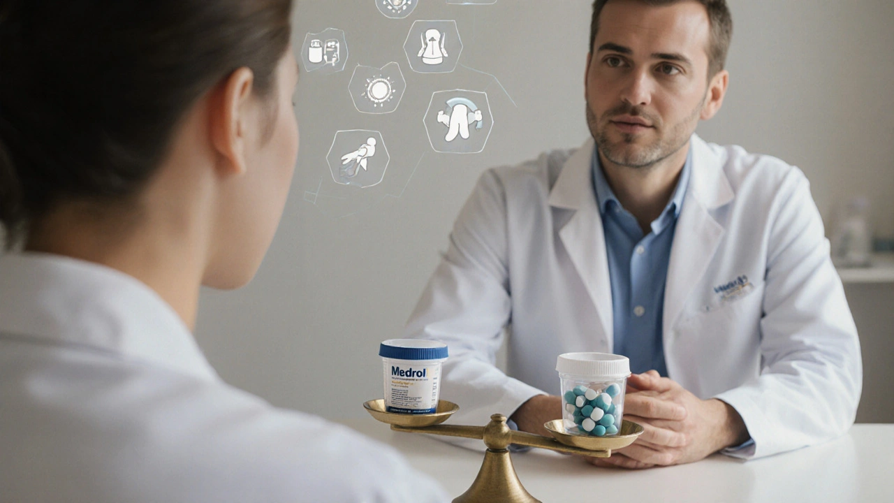 Doctor and patient with a balance scale of steroid pills, icons of asthma, joint, and skin conditions.