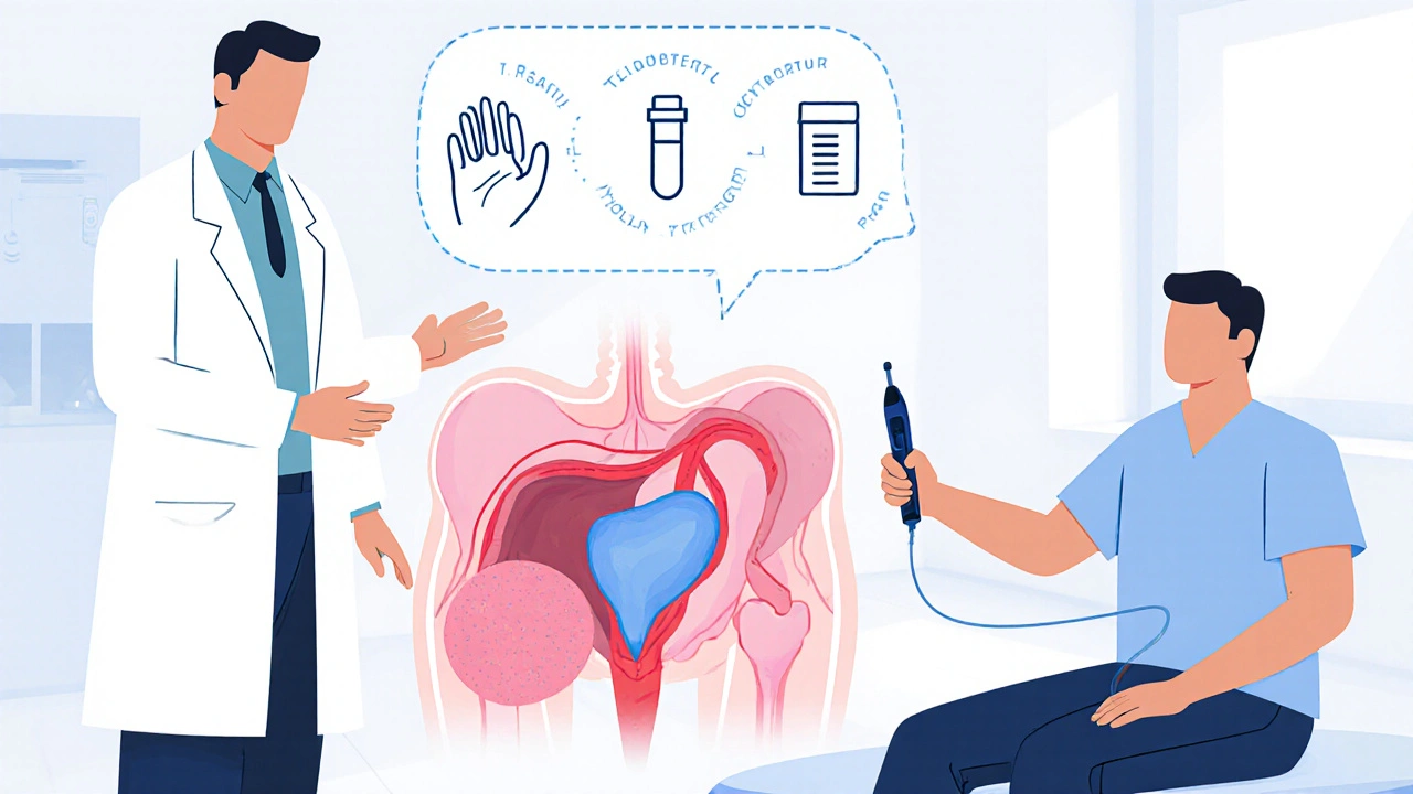 Doctor examining patient with cutaway view showing enlarged prostate pressing urethra.
