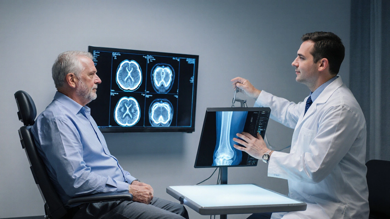 Doctor reviewing MRI and X‑ray images with a patient in a clinic.