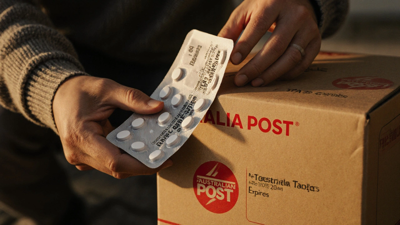 Hand opening a delivery box to inspect a blister pack of generic cetirizine tablets.