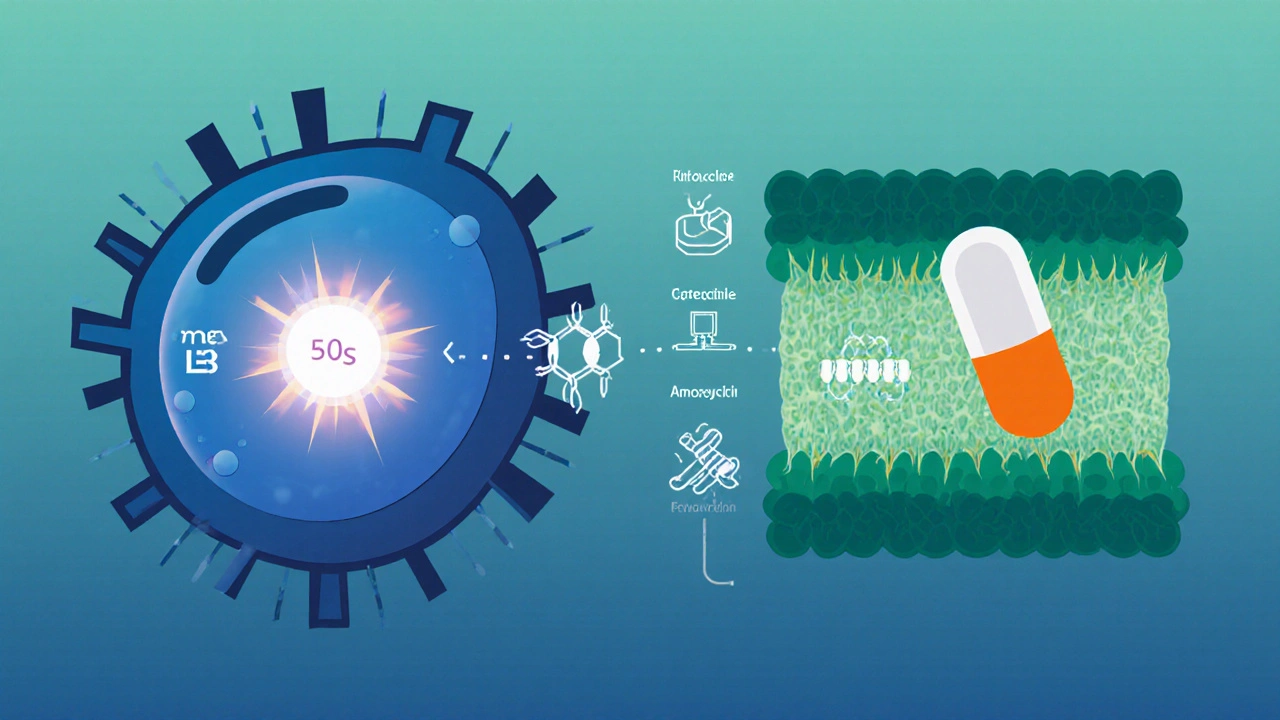 Illustration comparing azithromycin binding to bacterial ribosome and amoxicillin disrupting cell wall.