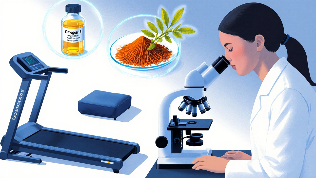 Lab scene showing omega‑3 oil, saffron, St. John&#039;s Wort, treadmill, and meditation cushion with glowing highlights.