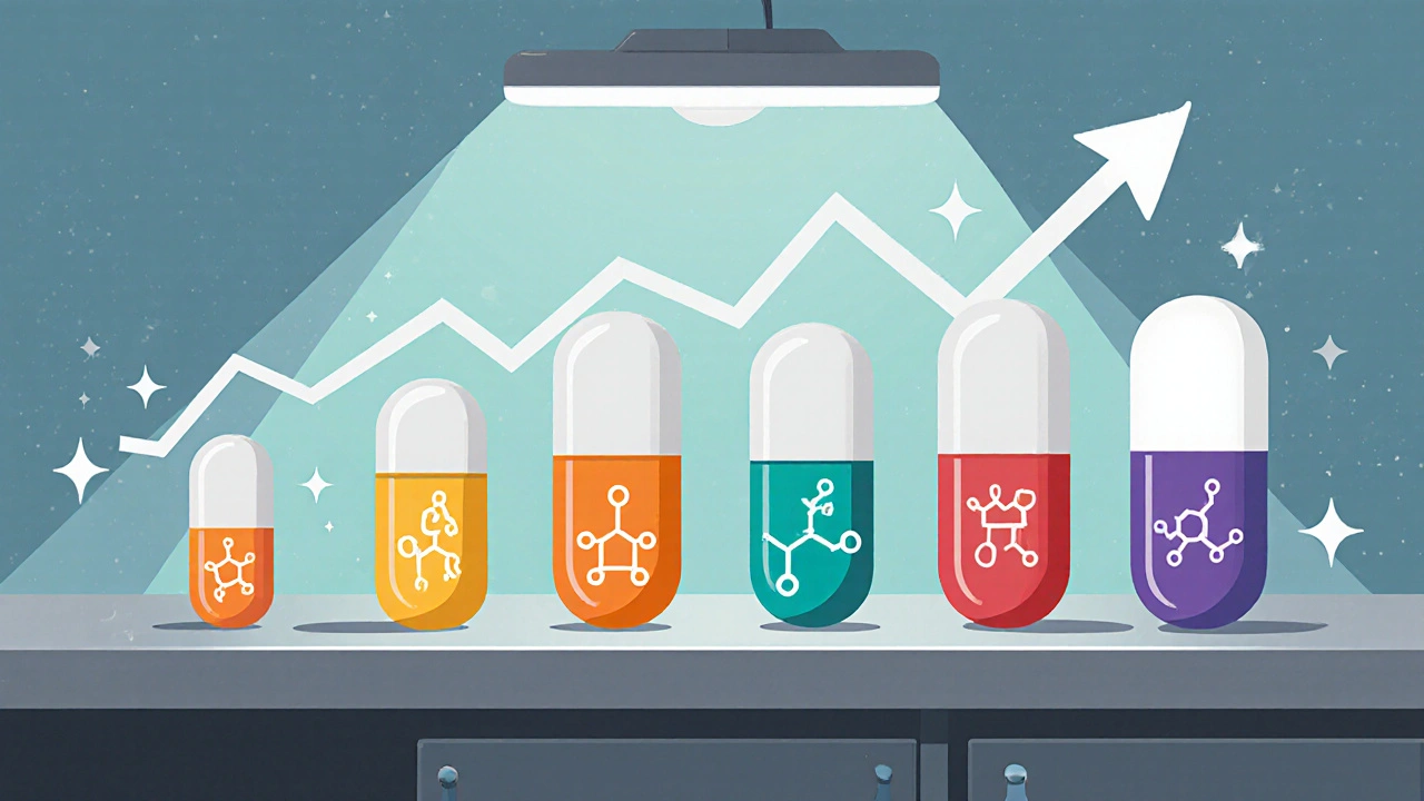 Lineup of six colorful nootropic capsules with molecular outlines and a potency arrow chart.