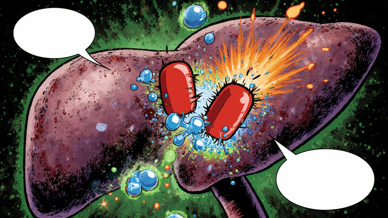 Liver cell battle with methotrexate and ethanol molecules, comic action scene.