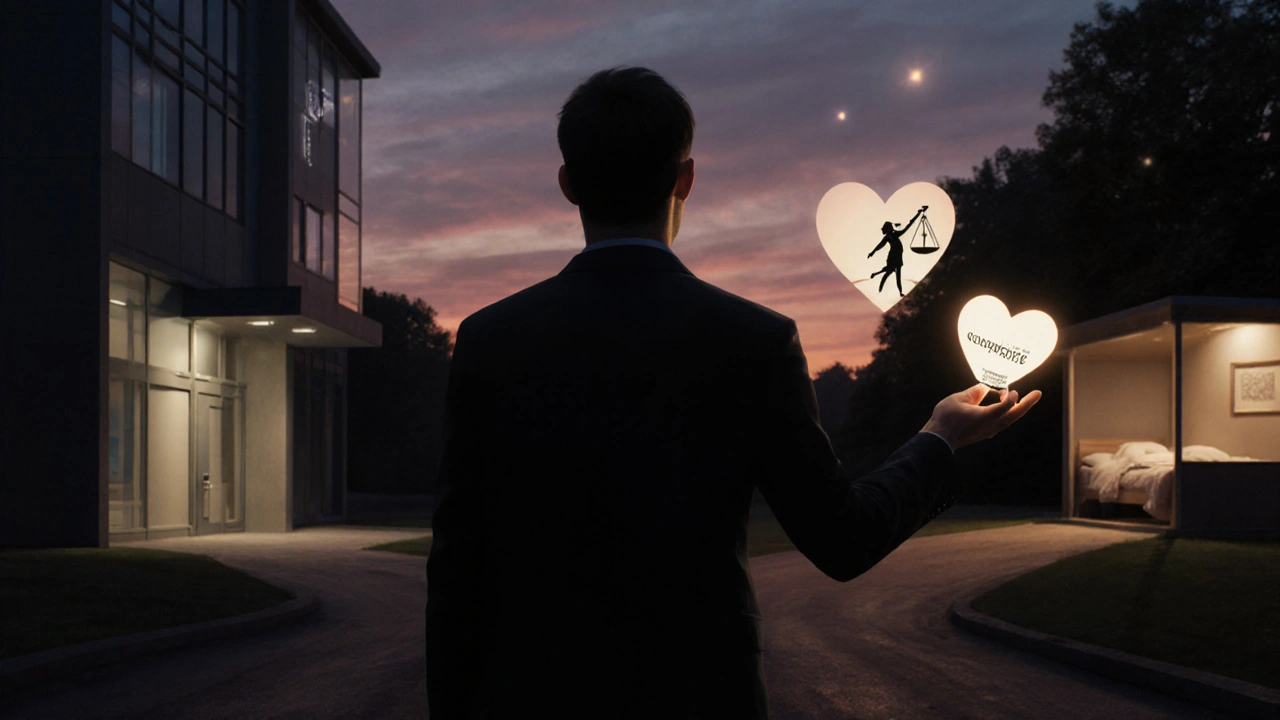 Man at a crossroads balancing a pill bottle against a heart, symbolizing treatment choices.