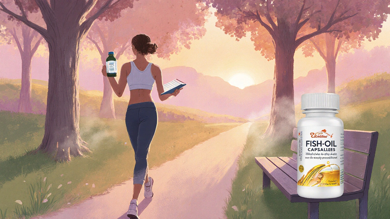 Morning park walk with a journal, fish‑oil bottle, light‑therapy box, and sunrise colors.