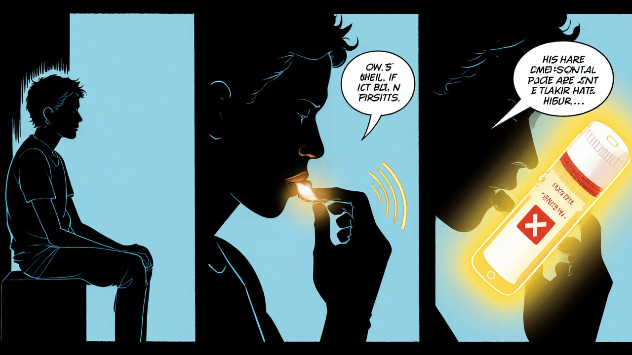 Patient sitting, tablet under tongue, and emergency call icon in comic style.