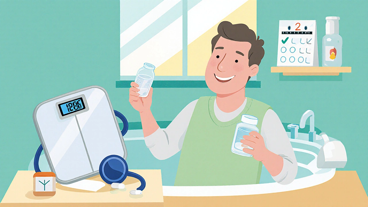 Patient taking torsemide on an empty stomach while monitoring weight, blood pressure, and urine output.