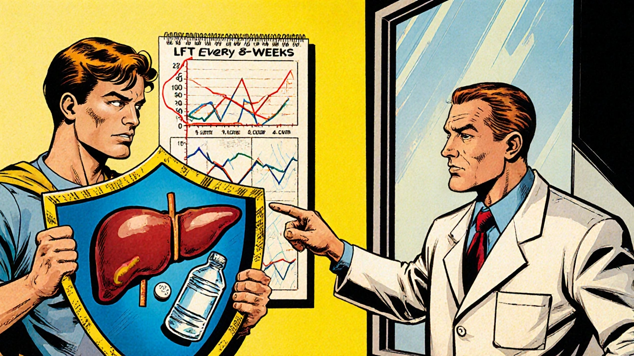 Patient with liver shield consulting doctor, calendar shows regular check‑ups.
