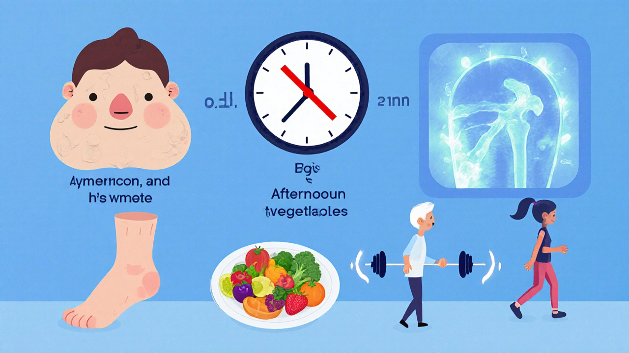 Patient with steroid side effects like facial puffiness and swollen ankles, taking medication before 2 p.m. and exercising.
