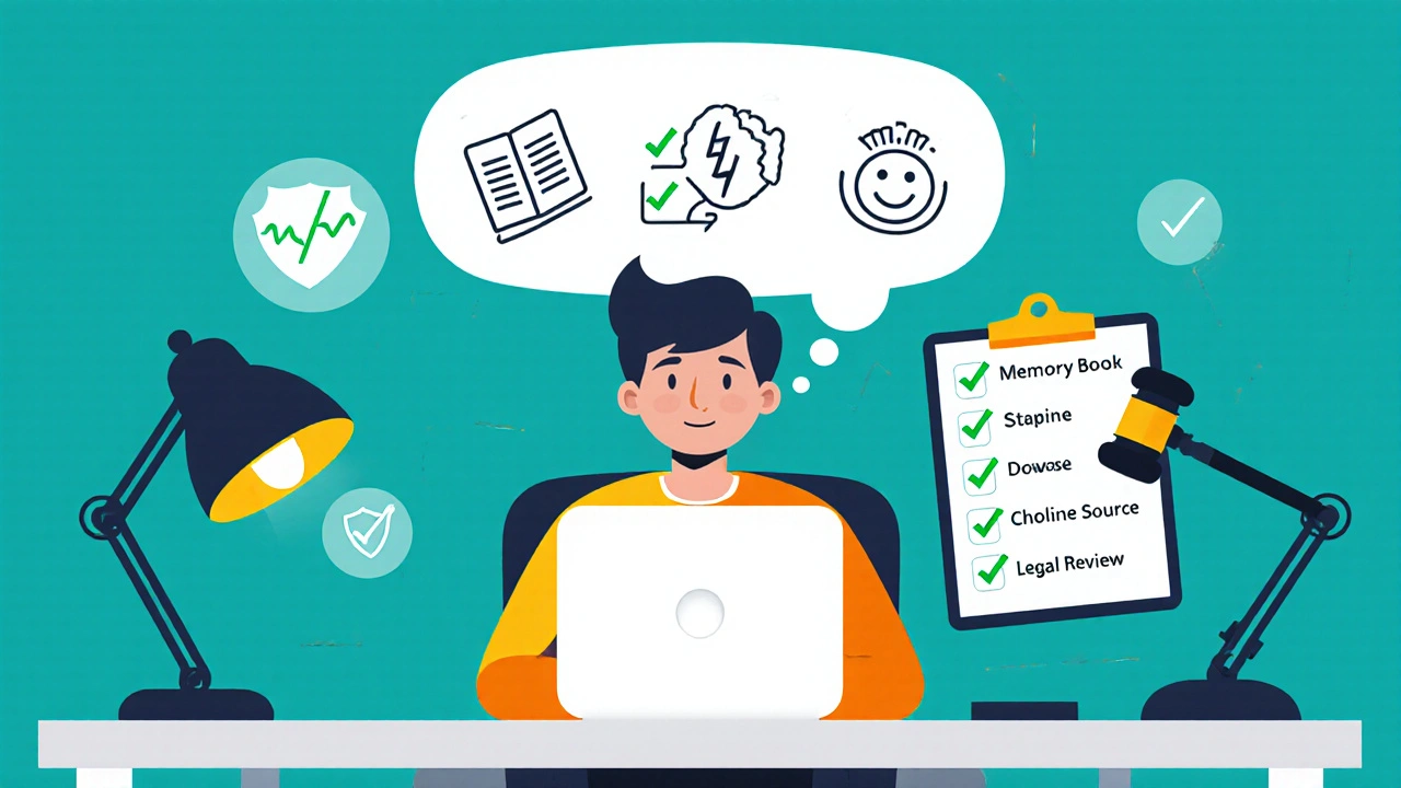 Person at a desk surrounded by icons for memory, stamina, mood, safety shield, and legal gavel.