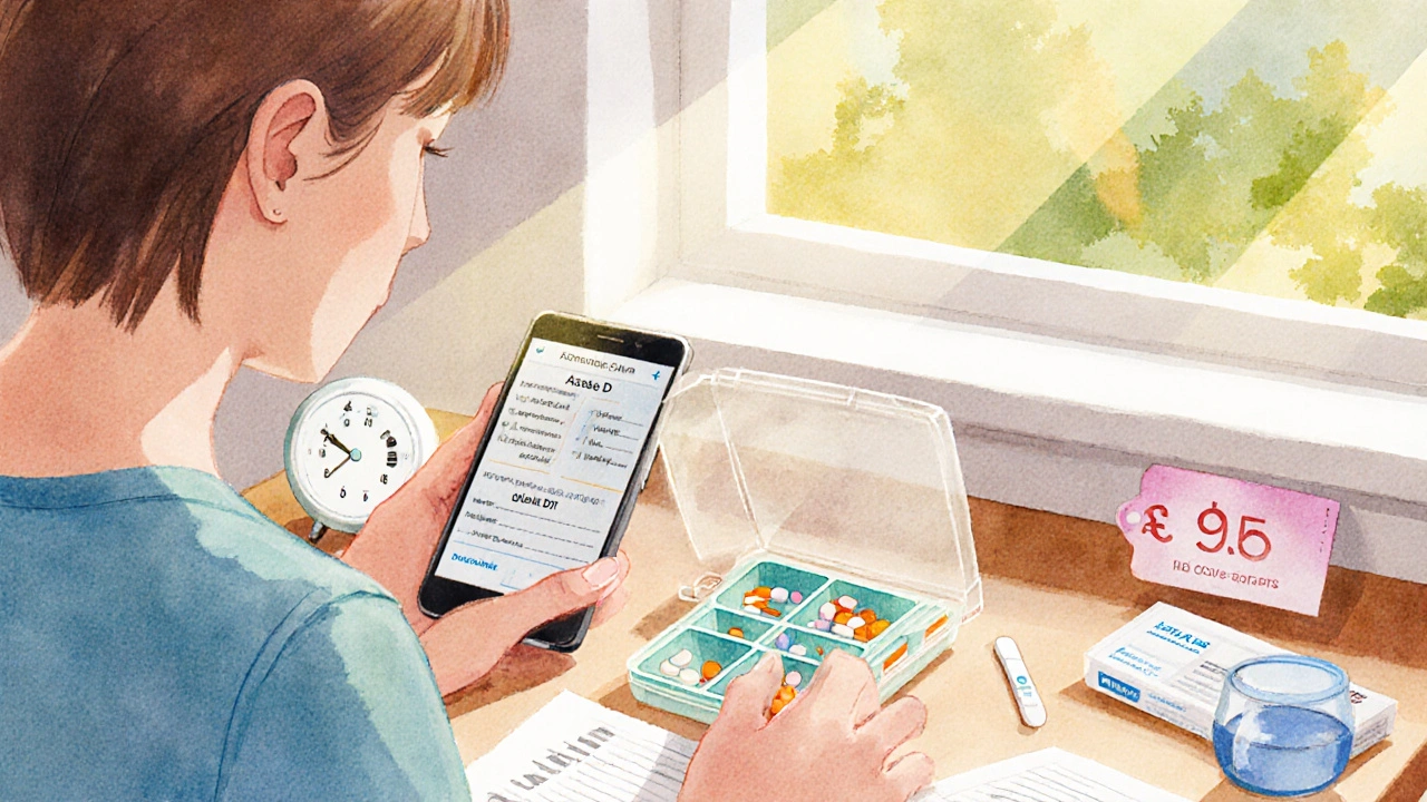 Person at kitchen table with pill organizer, phone reminder, price tag, and pregnancy test kit.