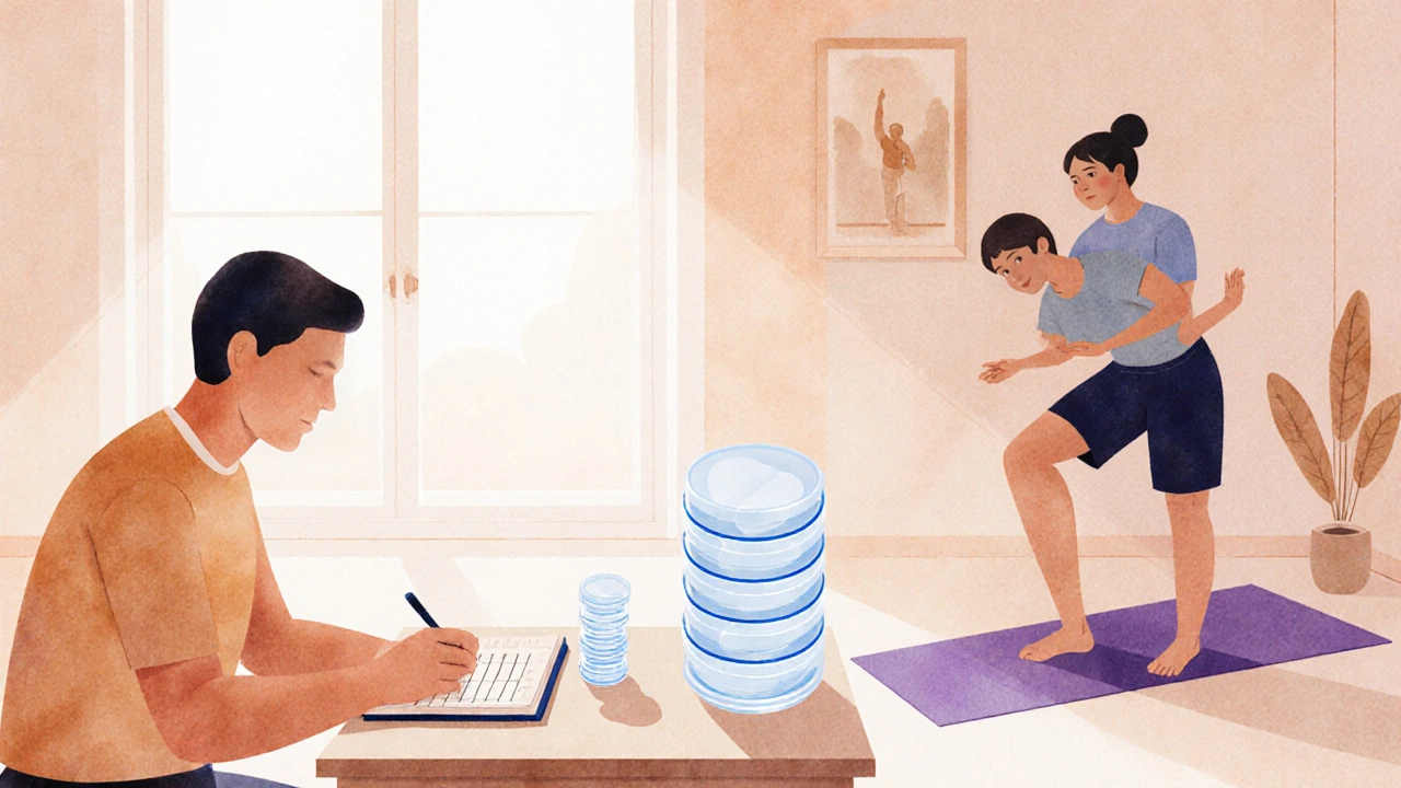 Person writing a diary with tapering pill silhouettes and a physiotherapist guiding exercises.