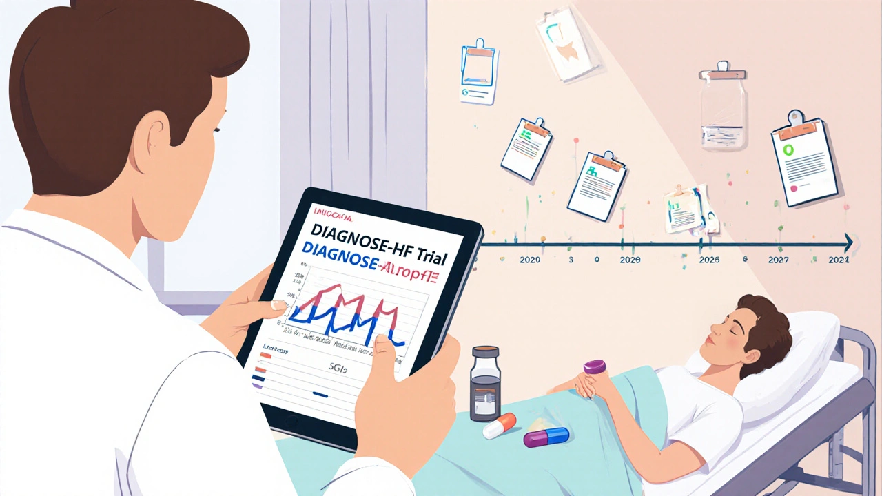 Research lab scene with a scientist reviewing a trial tablet and a patient on digoxin beside SGLT2 inhibitor.