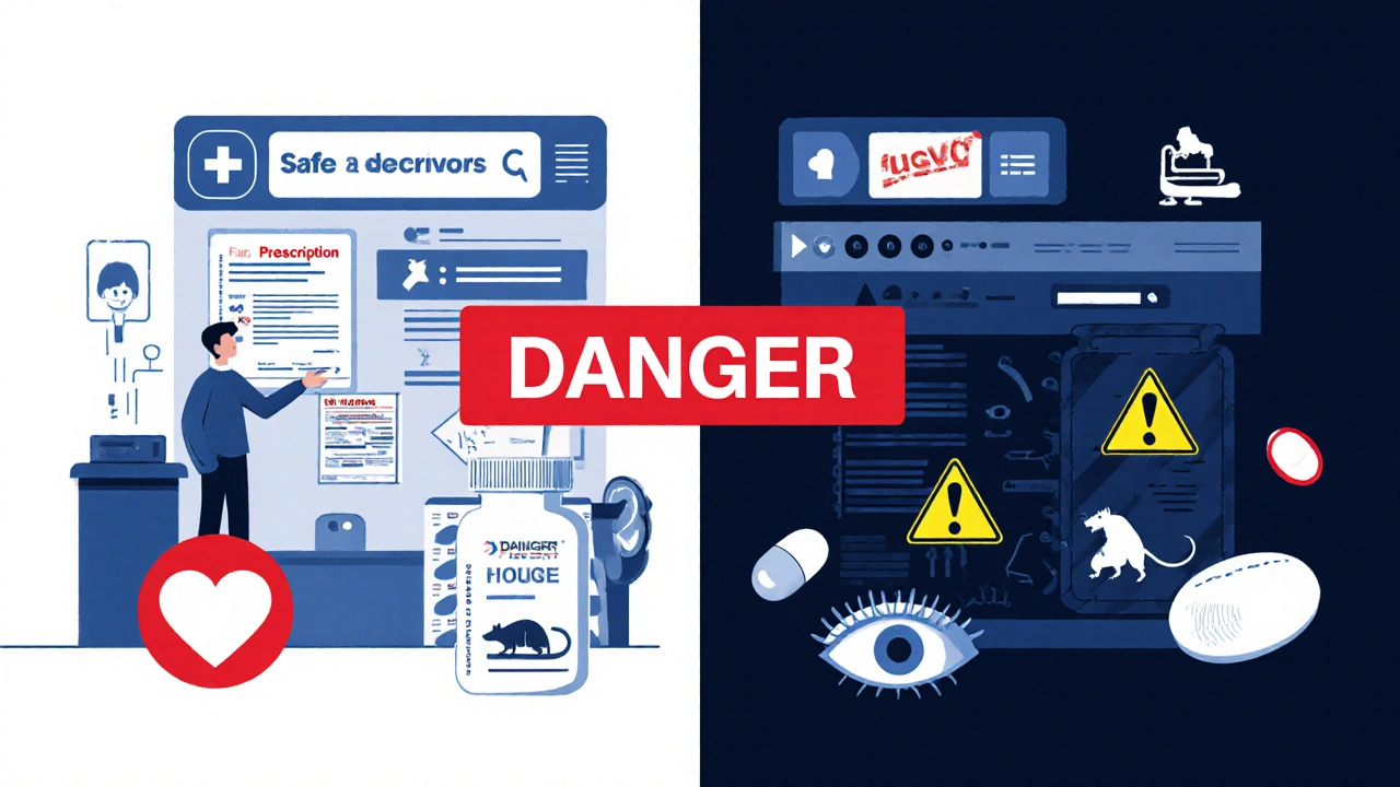 Safe pharmacy vs. dangerous online purchase contrast with warning symbols and medical risk icons.