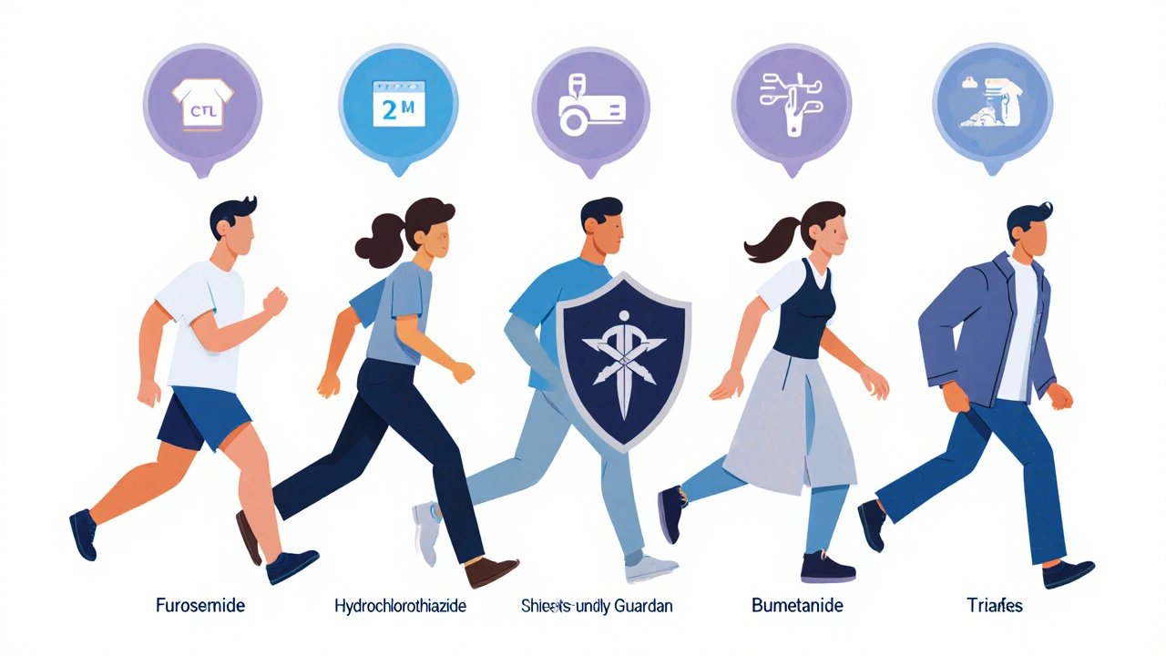 Side-by-side cartoon comparison of five diuretics with icons for strength, dosing, and side effects.