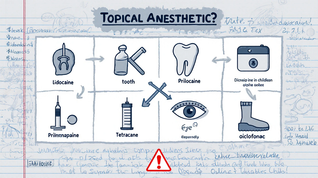 Side-by-side comparison of five numbing agents with icons for their uses and safety warnings.