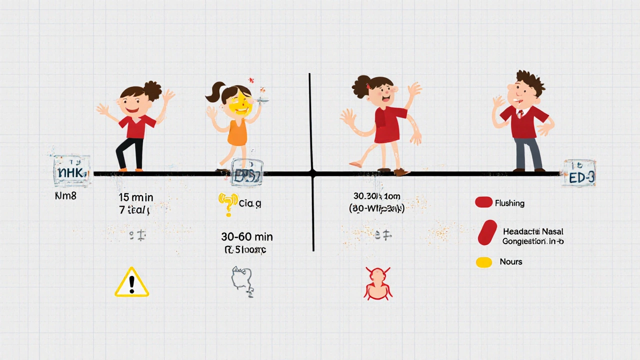 Side-by-side timeline comparing Avana, Viagra, and Cialis onset times and side effects with icons.