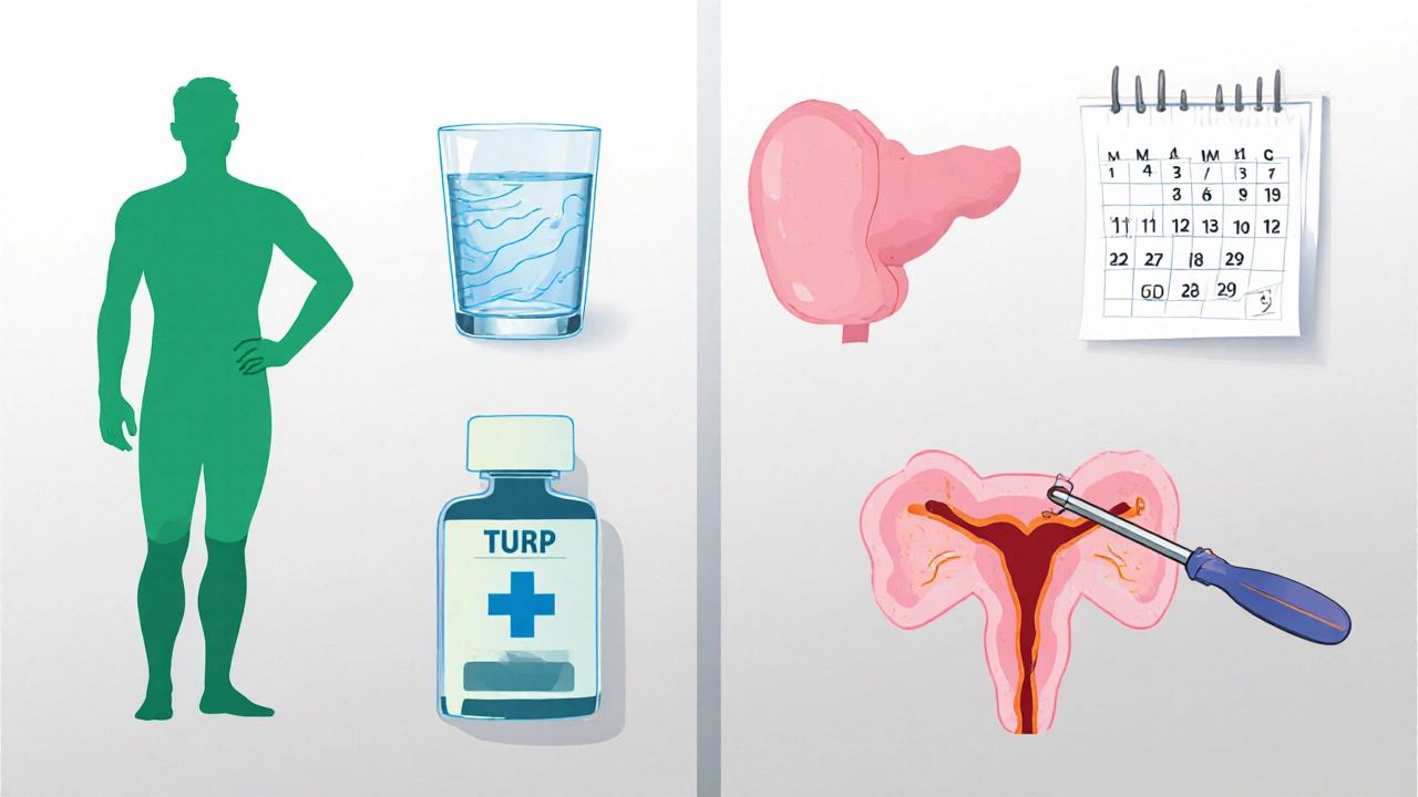 Split scene of lifestyle tips and medical procedures for managing BPH.