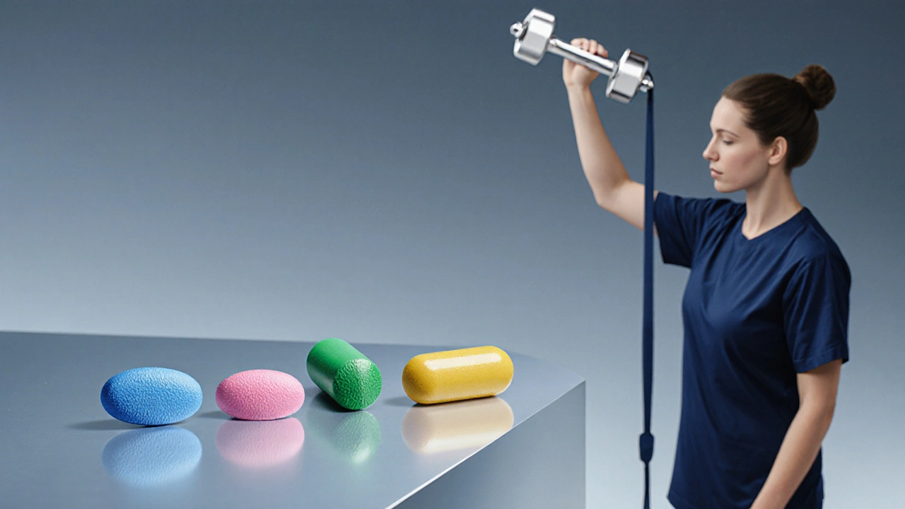 Table with different colored pills and a physiotherapist stretching a patient.