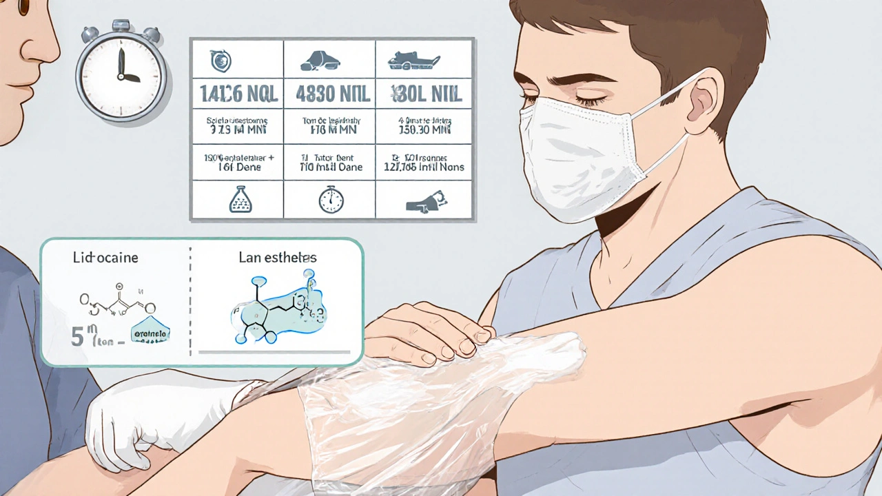 Tattoo artist applying lidocaine cream covered with plastic wrap, with time and chemical structure shown.