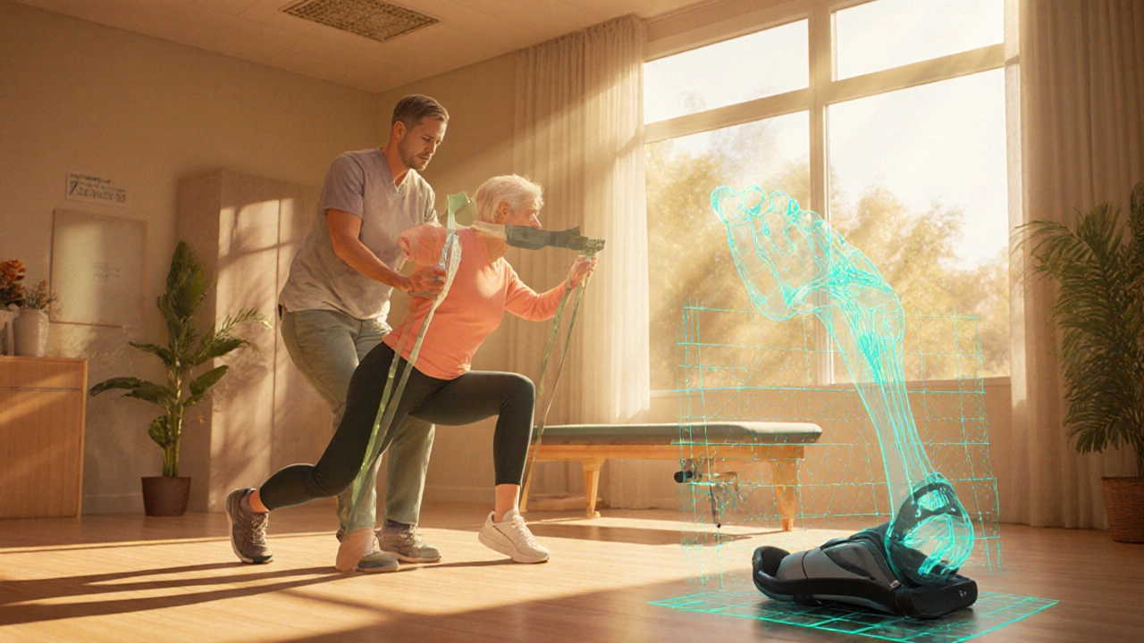 Therapist assisting a person with MS stretching, with assistive devices and wearable sensors.