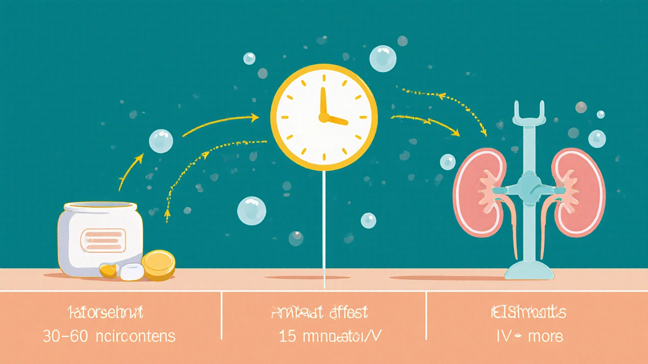 Timeline illustrating oral tablet and IV torsemide absorption, onset, peak, and elimination phases.