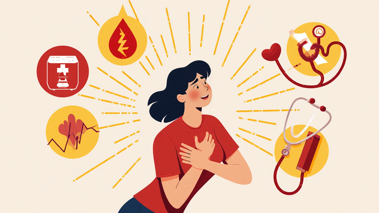 Urgent cartoon scene of a woman with chest pain, radiating pain lines, and surrounding medical icons like an ambulance and ECG.