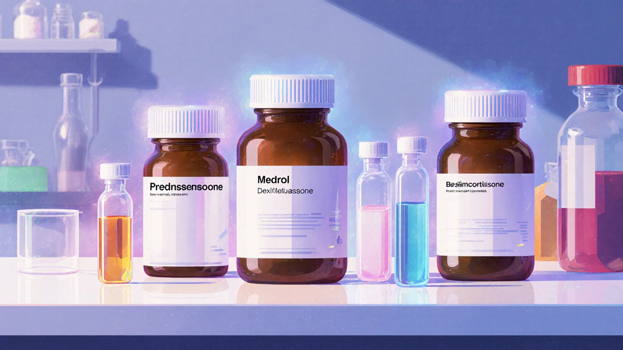 Various colored pill bottles and vials on a lab counter representing different steroids.