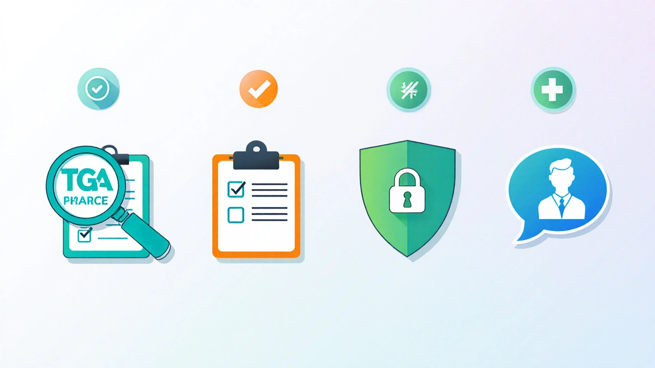 Vector icons illustrating steps to verify a legit online pharmacy.