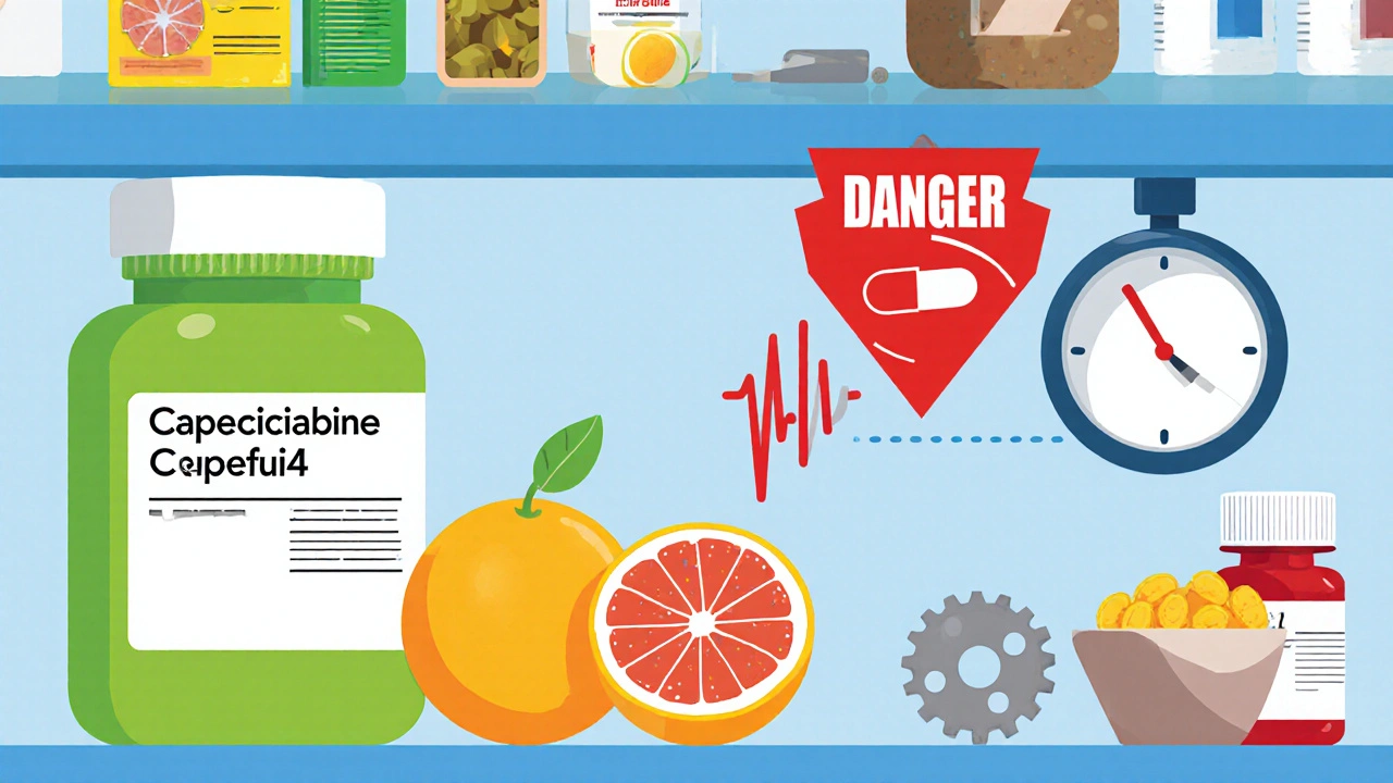 Chemo pills next to grapefruit and supplements, with liver enzyme interactions marked by danger symbols.