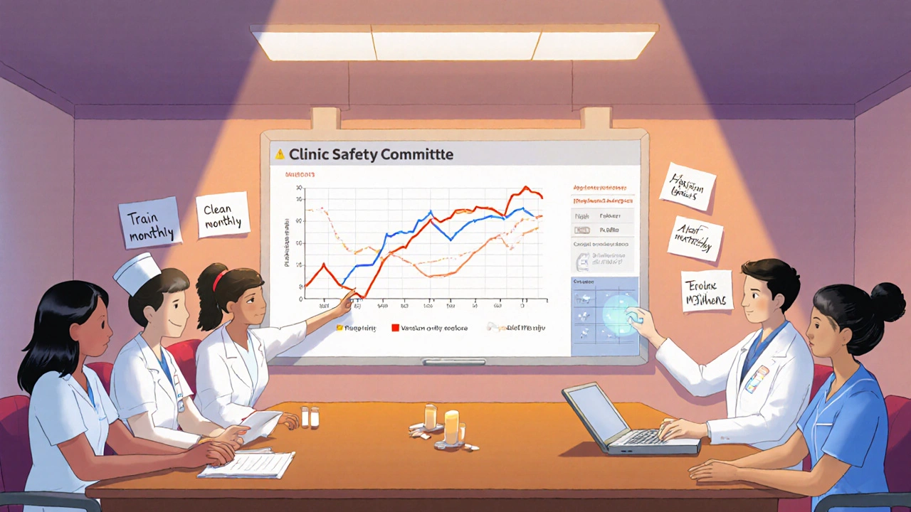 Clinic team reviewing ADC safety metrics on screen with notes on training and cleaning