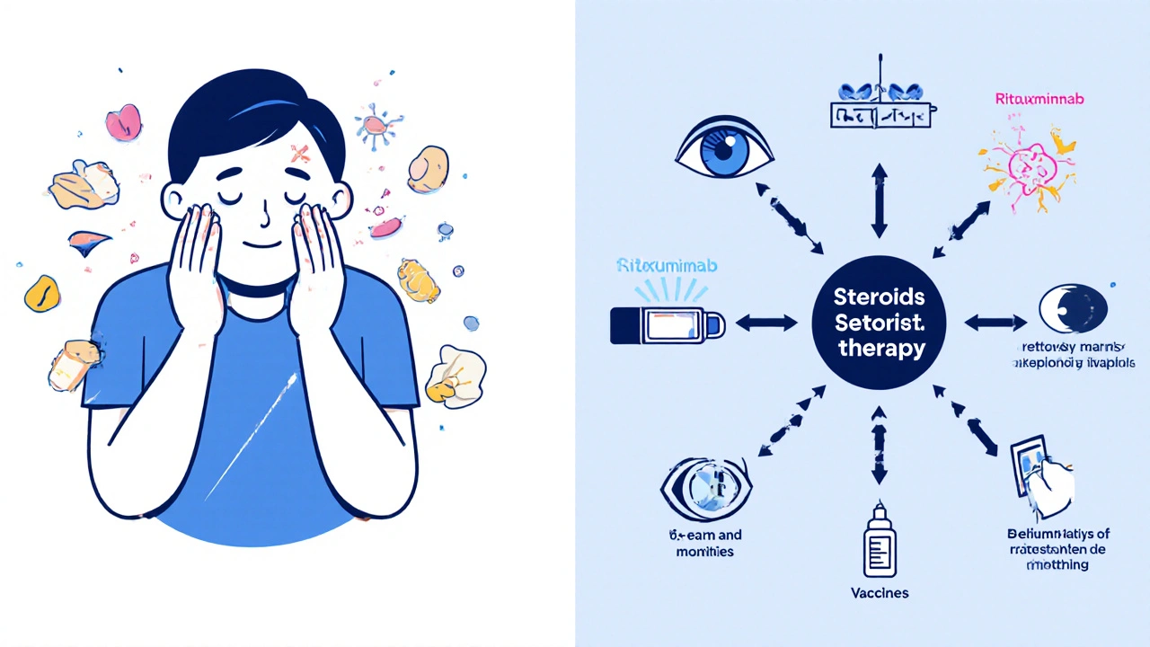 Comparison of outdated steroid-only treatment vs. modern combination therapy leading to steroid-free remission.