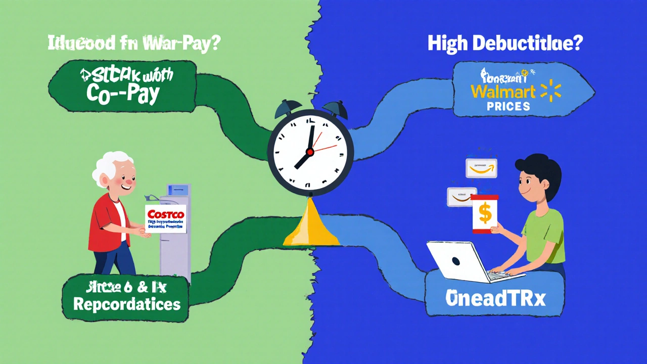 Decision tree showing when to use insurance vs. DTC pharmacies, with Costco and online comparison icons.