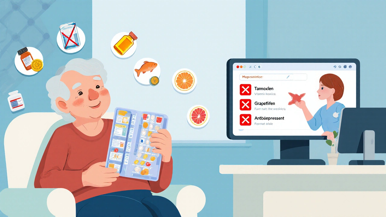 Elderly patient with pill organizer surrounded by risky supplements, pharmacist reviewing drug interactions.